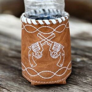 Brown Leather koozie with Embroidered Design